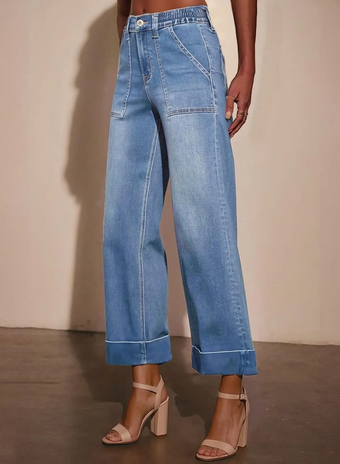 EVALESS Womens High Waist Wide Leg Jeans Trendy Cropped Denim Pants Solid Ankle Length Stretchy Jeans with Pockets