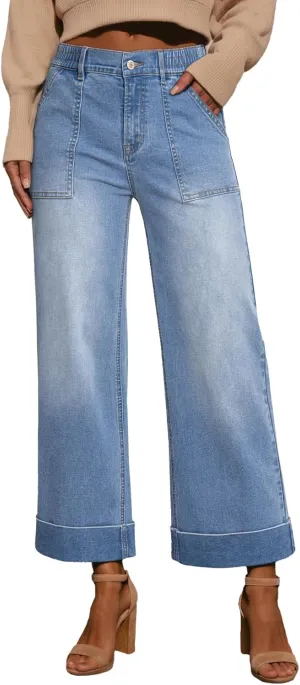 EVALESS Womens High Waist Wide Leg Jeans Trendy Cropped Denim Pants Solid Ankle Length Stretchy Jeans with Pockets