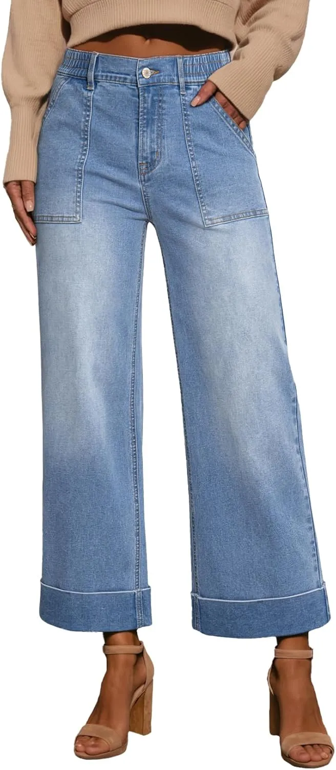 EVALESS Womens High Waist Wide Leg Jeans Trendy Cropped Denim Pants Solid Ankle Length Stretchy Jeans with Pockets