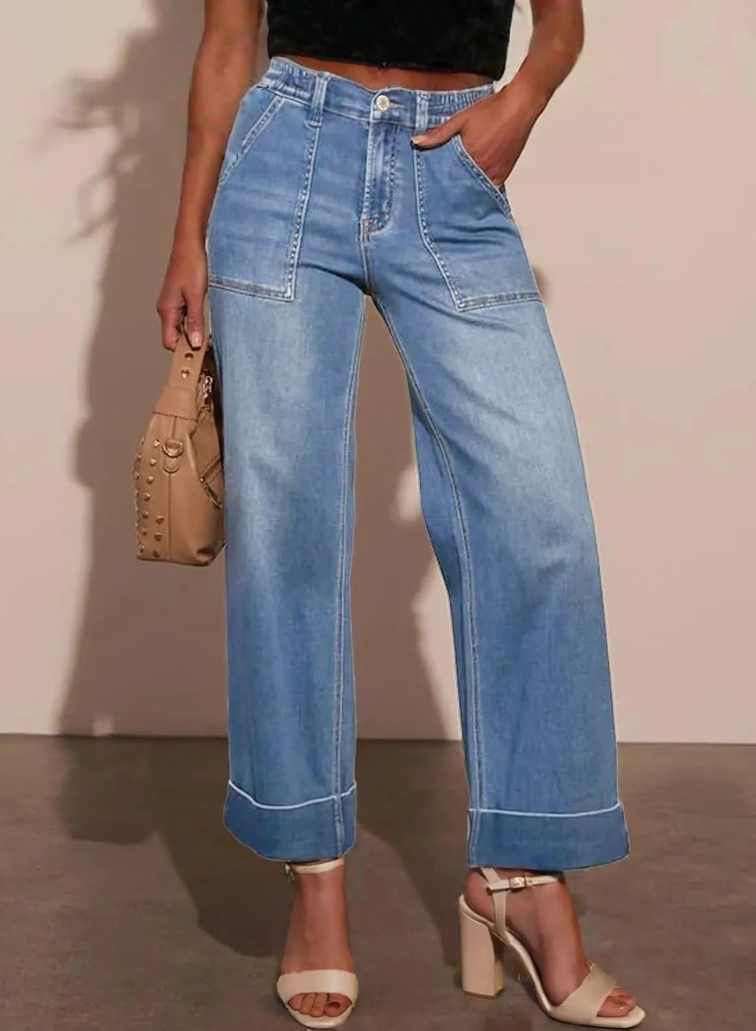 EVALESS Womens High Waist Wide Leg Jeans Trendy Cropped Denim Pants Solid Ankle Length Stretchy Jeans with Pockets