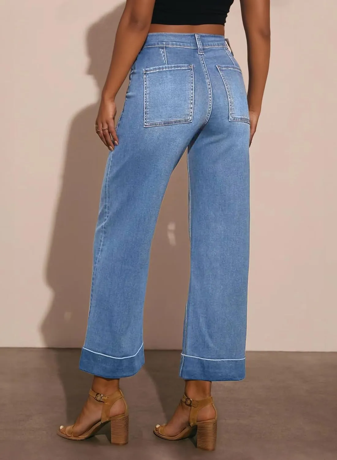 EVALESS Womens High Waist Wide Leg Jeans Trendy Cropped Denim Pants Solid Ankle Length Stretchy Jeans with Pockets