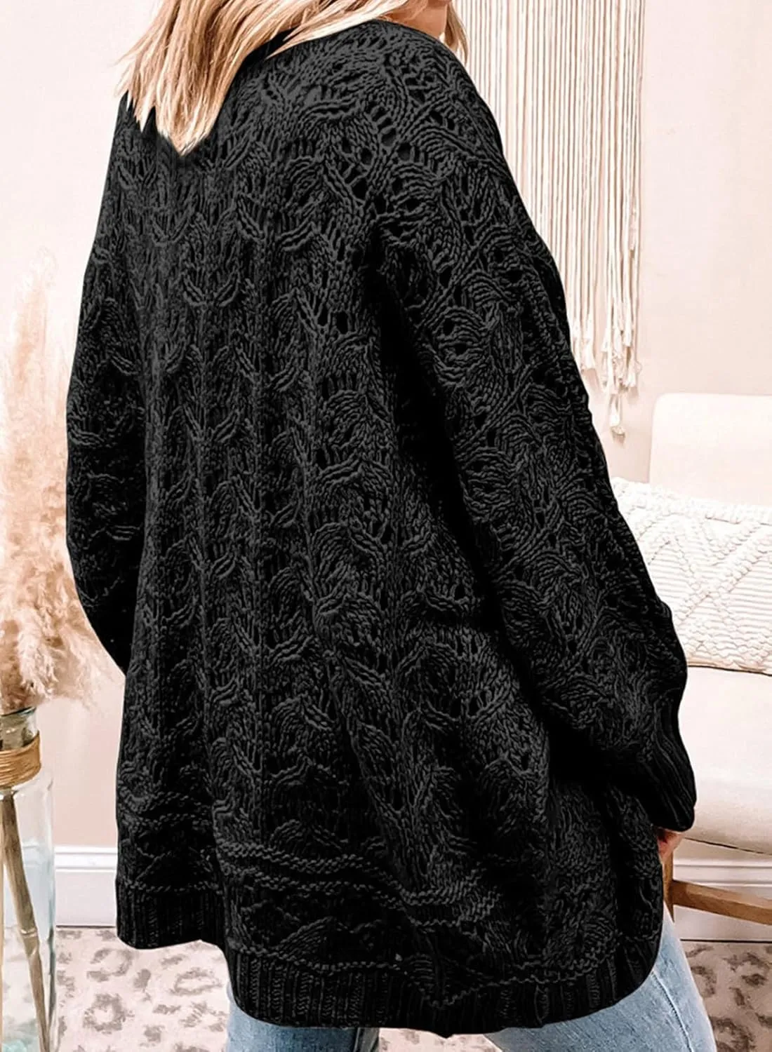 Eytino Womens Plus Size Crochet Cardigan Sweater Long Sleeve Hollow Out Open Front Cardigans Outwear(1X-5X)