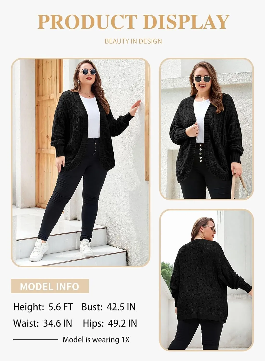 Eytino Womens Plus Size Crochet Cardigan Sweater Long Sleeve Hollow Out Open Front Cardigans Outwear(1X-5X)