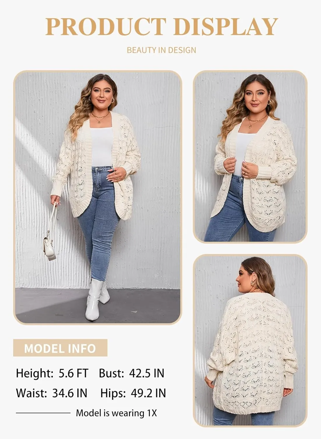 Eytino Womens Plus Size Crochet Cardigan Sweater Long Sleeve Hollow Out Open Front Cardigans Outwear(1X-5X)