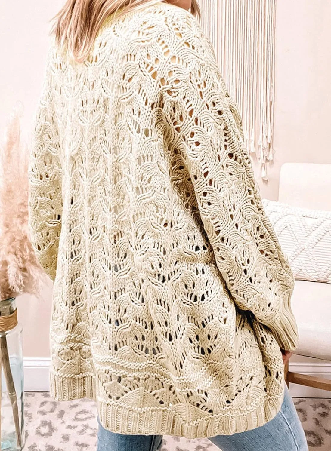 Eytino Womens Plus Size Crochet Cardigan Sweater Long Sleeve Hollow Out Open Front Cardigans Outwear(1X-5X)