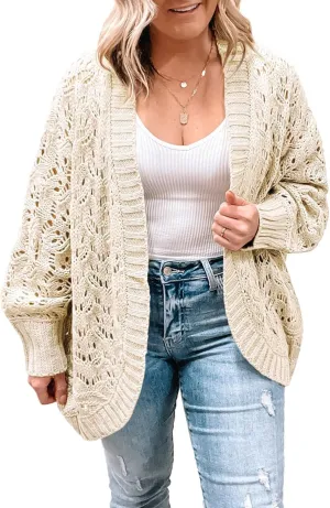 Eytino Womens Plus Size Crochet Cardigan Sweater Long Sleeve Hollow Out Open Front Cardigans Outwear(1X-5X)