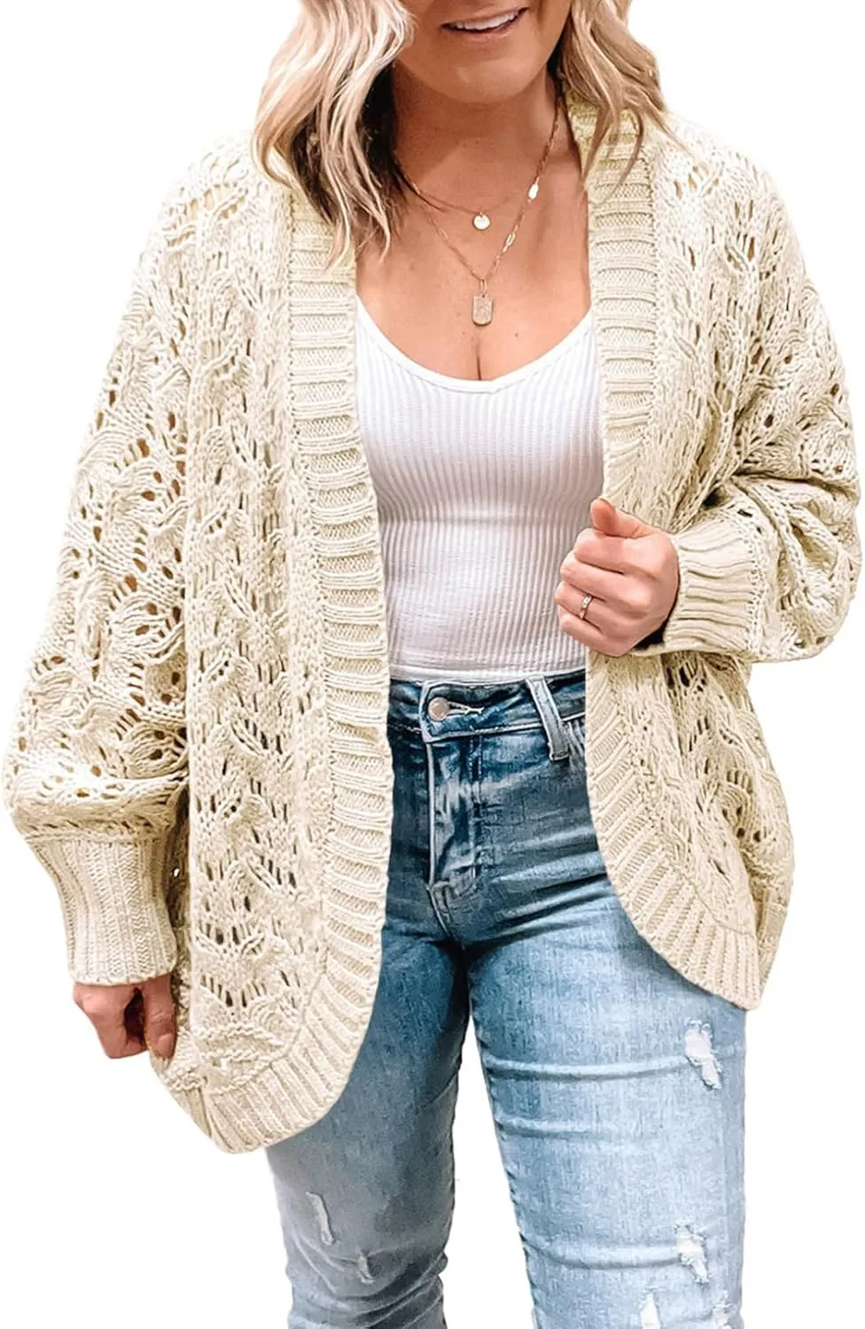 Eytino Womens Plus Size Crochet Cardigan Sweater Long Sleeve Hollow Out Open Front Cardigans Outwear(1X-5X)