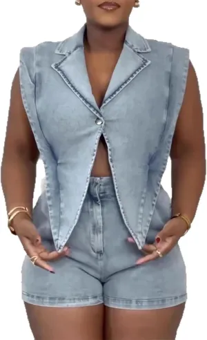 Famnbro Womens Denim Romper Y2k Sleeveless V Neck Lapel Blazers Vest Work Business Short Jeans Jumpsuits