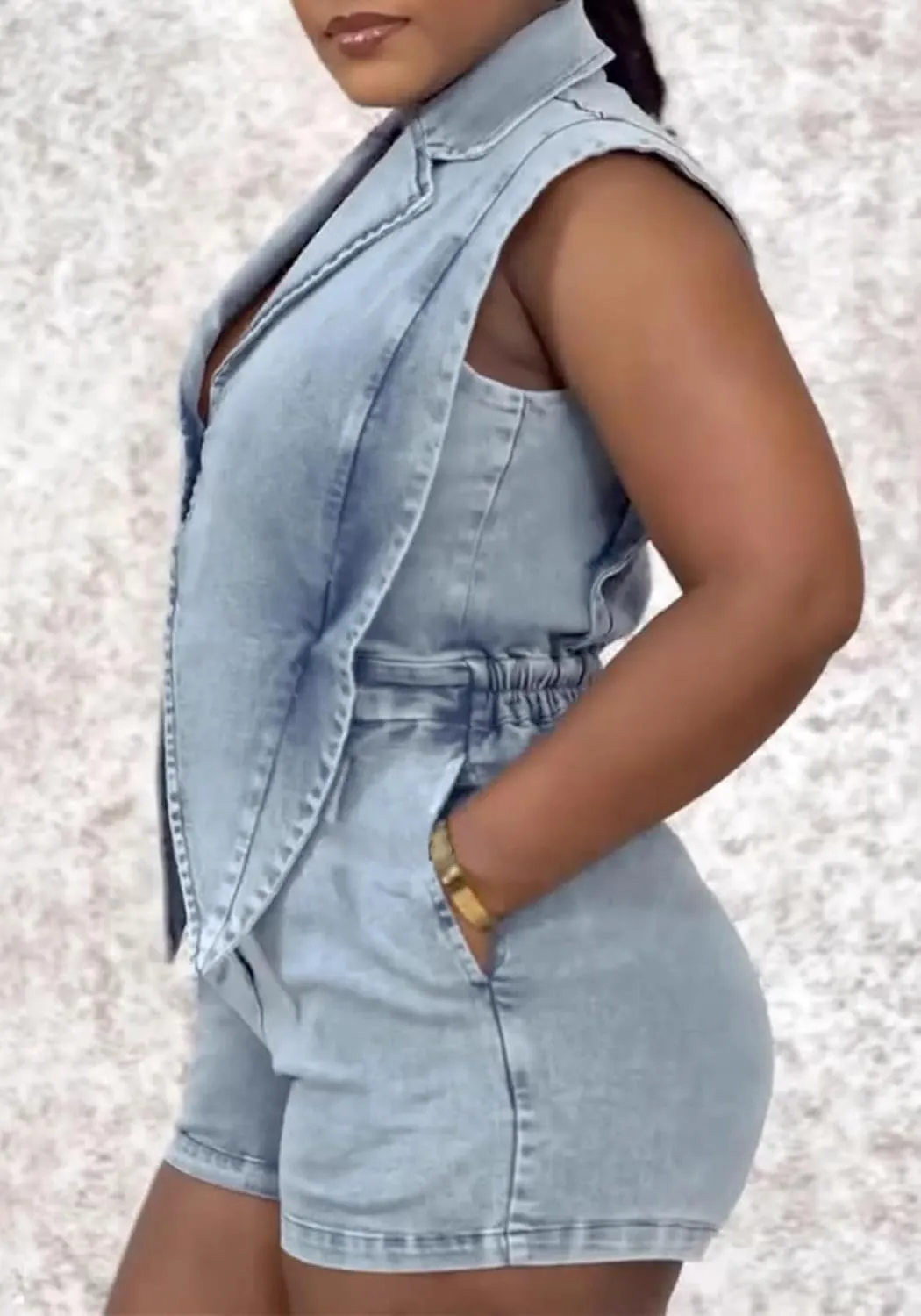 Famnbro Womens Denim Romper Y2k Sleeveless V Neck Lapel Blazers Vest Work Business Short Jeans Jumpsuits
