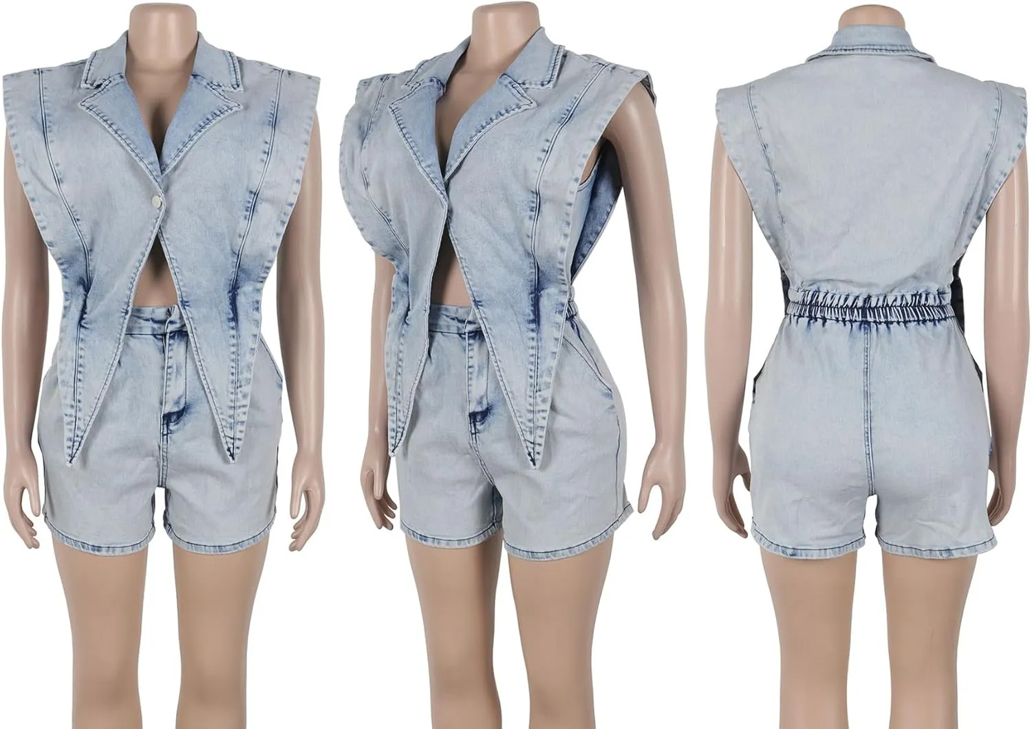 Famnbro Womens Denim Romper Y2k Sleeveless V Neck Lapel Blazers Vest Work Business Short Jeans Jumpsuits