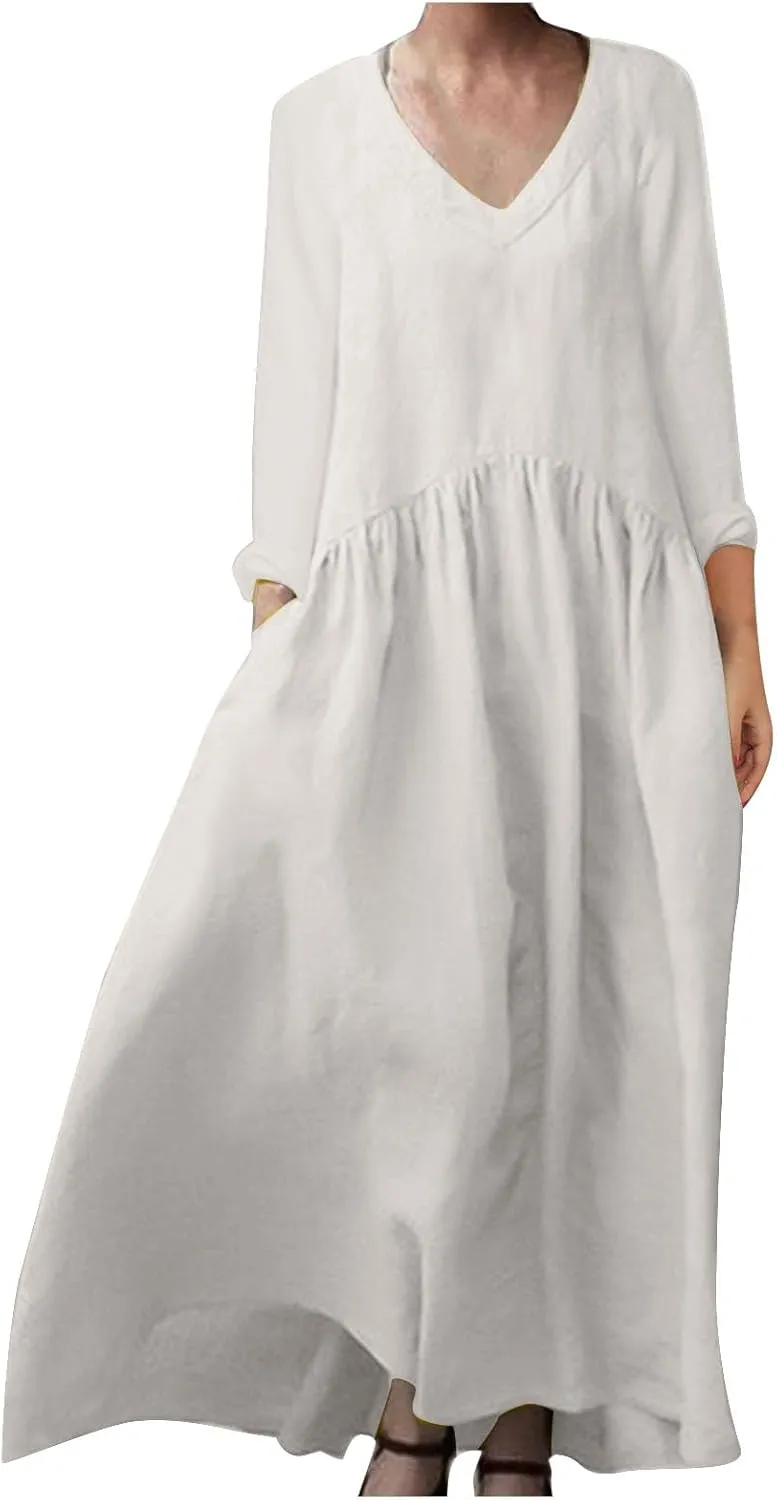 Finelylove Womens Casual Summer Maxi Dress Bohemian Cotton Linen Dresses 3/4 Sleeve Flowy Long Beach Dress Ruffled Sundress