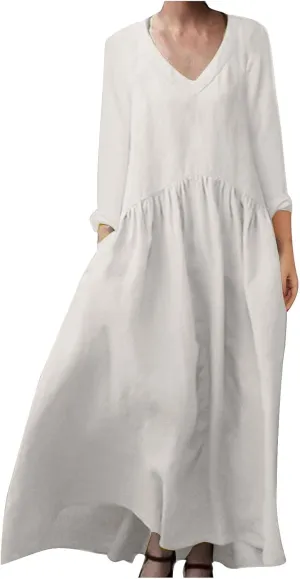 Finelylove Womens Casual Summer Maxi Dress Bohemian Cotton Linen Dresses 3/4 Sleeve Flowy Long Beach Dress Ruffled Sundress