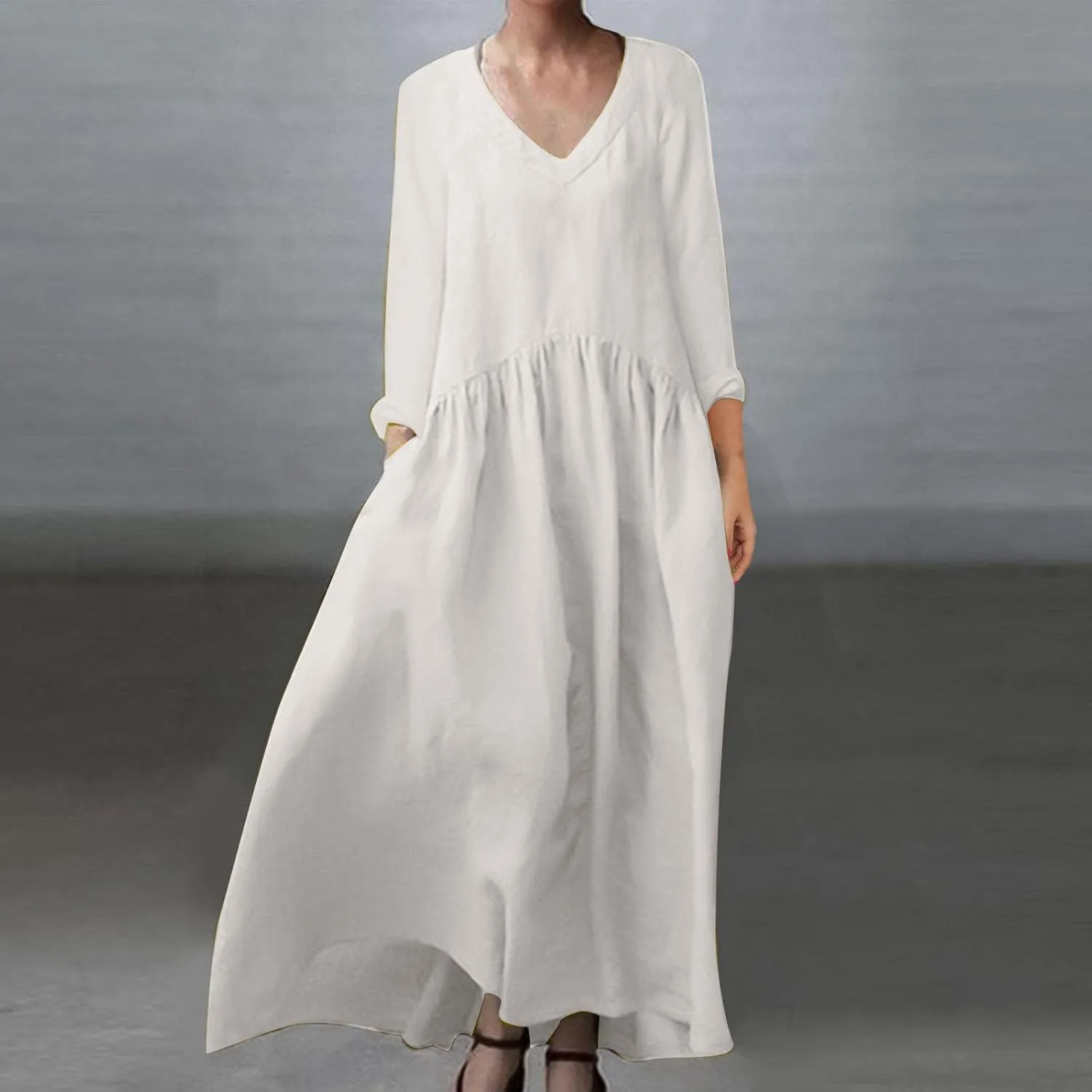 Finelylove Womens Casual Summer Maxi Dress Bohemian Cotton Linen Dresses 3/4 Sleeve Flowy Long Beach Dress Ruffled Sundress