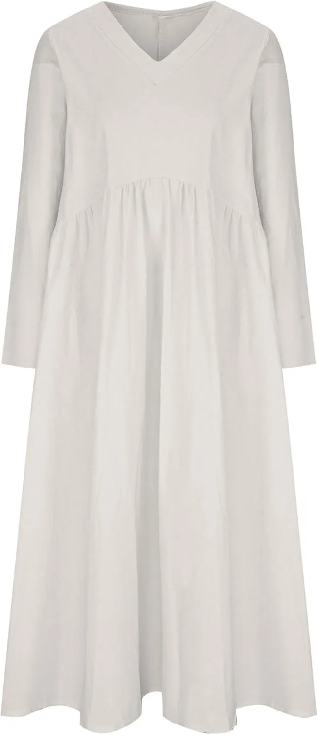 Finelylove Womens Casual Summer Maxi Dress Bohemian Cotton Linen Dresses 3/4 Sleeve Flowy Long Beach Dress Ruffled Sundress