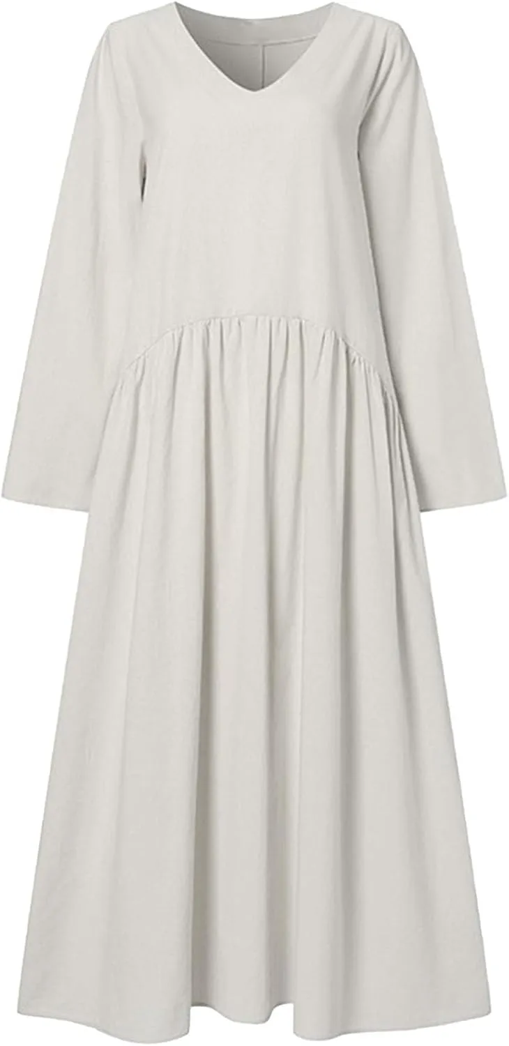 Finelylove Womens Casual Summer Maxi Dress Bohemian Cotton Linen Dresses 3/4 Sleeve Flowy Long Beach Dress Ruffled Sundress