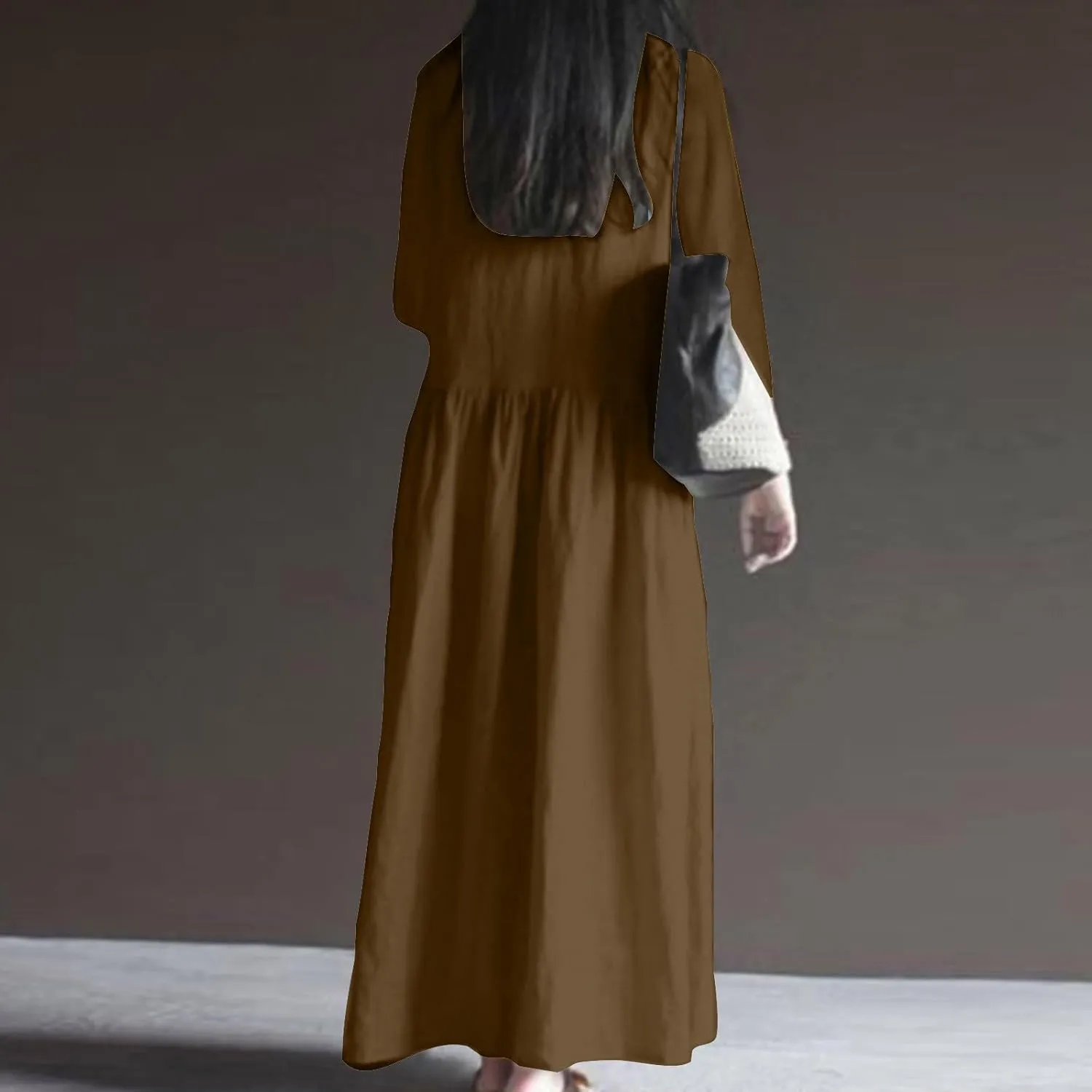 Finelylove Womens Casual Summer Maxi Dress Bohemian Cotton Linen Dresses 3/4 Sleeve Flowy Long Beach Dress Ruffled Sundress
