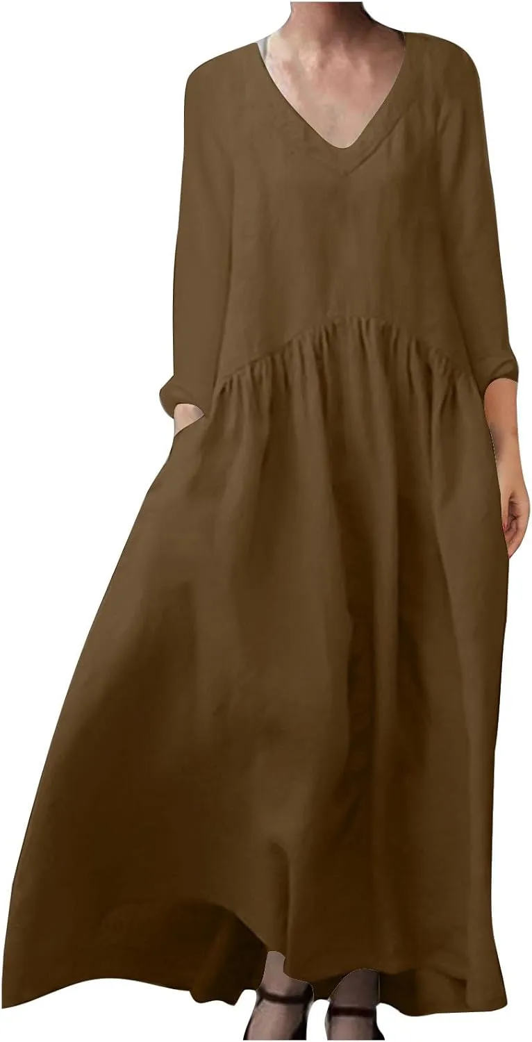 Finelylove Womens Casual Summer Maxi Dress Bohemian Cotton Linen Dresses 3/4 Sleeve Flowy Long Beach Dress Ruffled Sundress