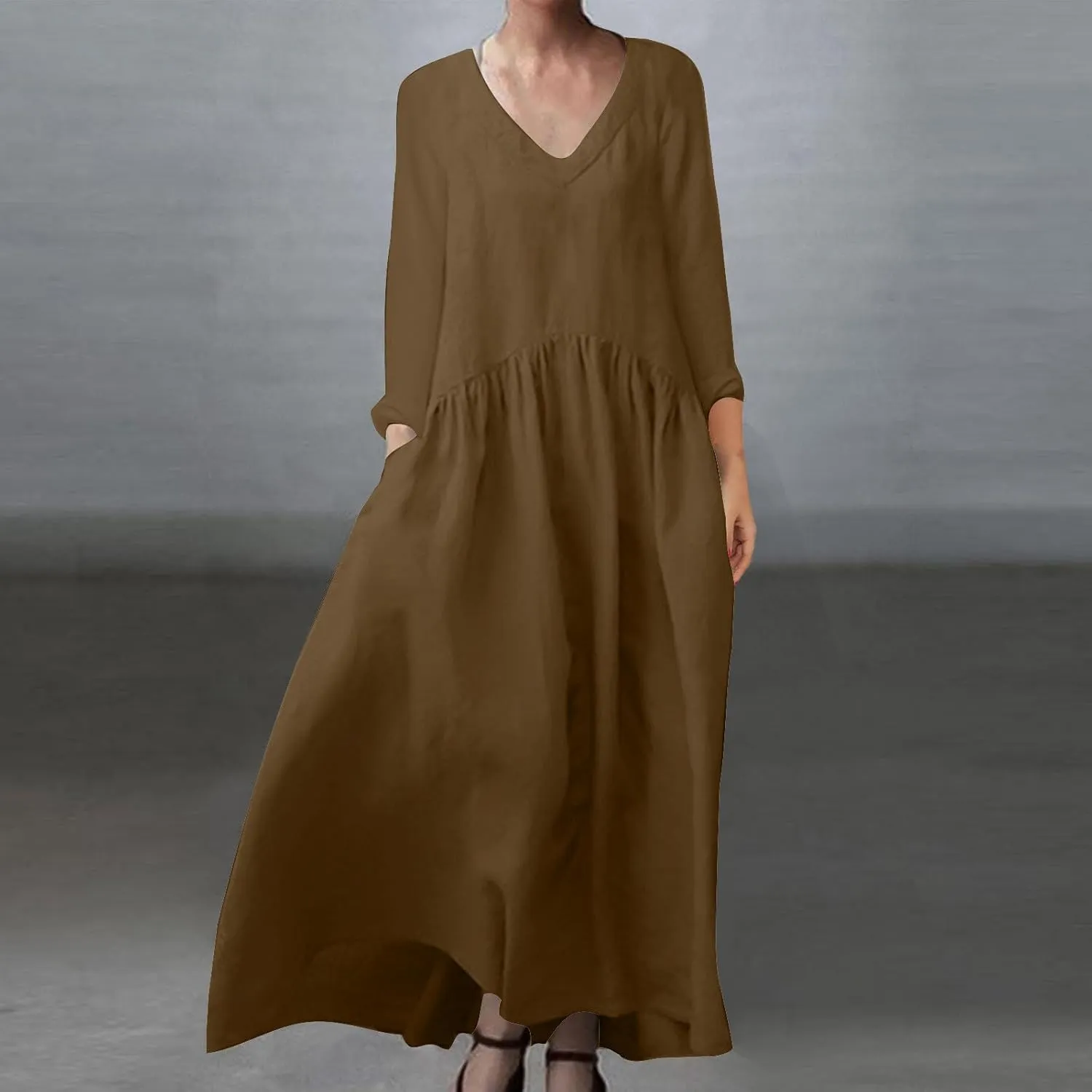 Finelylove Womens Casual Summer Maxi Dress Bohemian Cotton Linen Dresses 3/4 Sleeve Flowy Long Beach Dress Ruffled Sundress