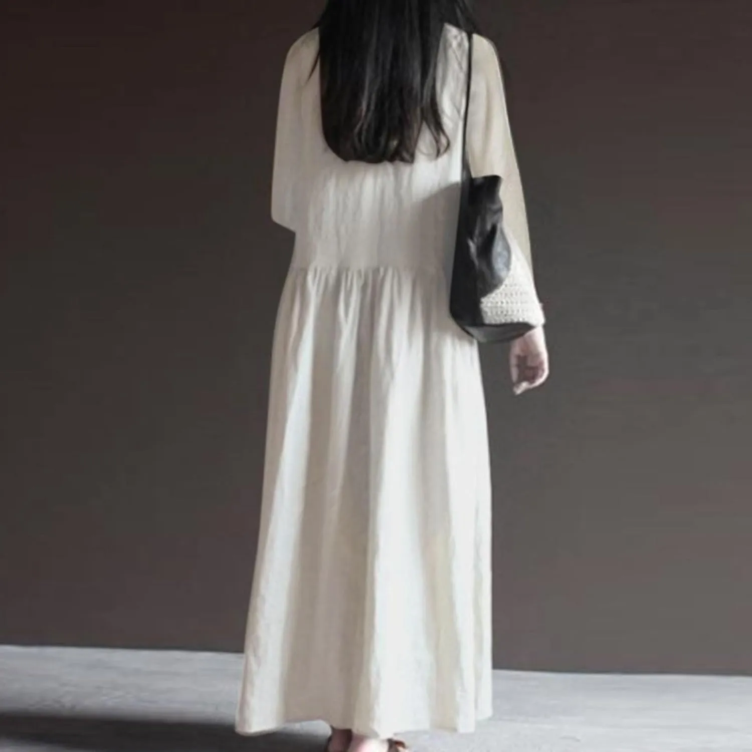 Finelylove Womens Casual Summer Maxi Dress Bohemian Cotton Linen Dresses 3/4 Sleeve Flowy Long Beach Dress Ruffled Sundress
