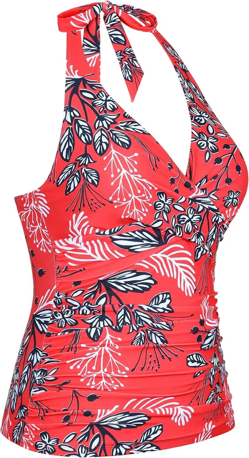 Firpearl Underwire Tankini Tops for Women Ruched Tummy Control Bathing Suit Tops Halter V Neck Swimsuit Top Only