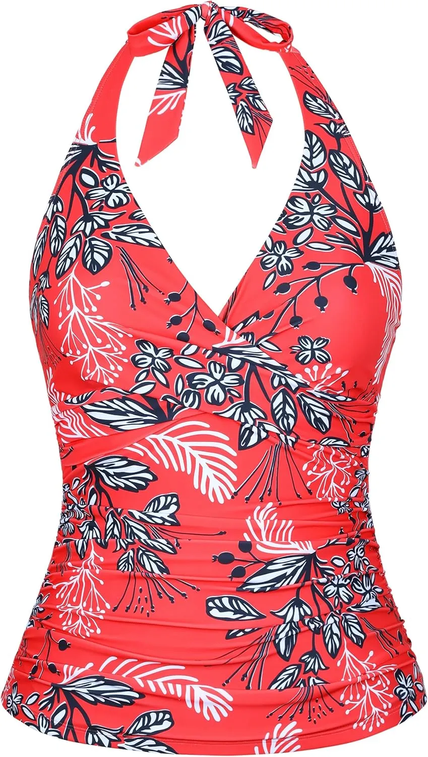Firpearl Underwire Tankini Tops for Women Ruched Tummy Control Bathing Suit Tops Halter V Neck Swimsuit Top Only