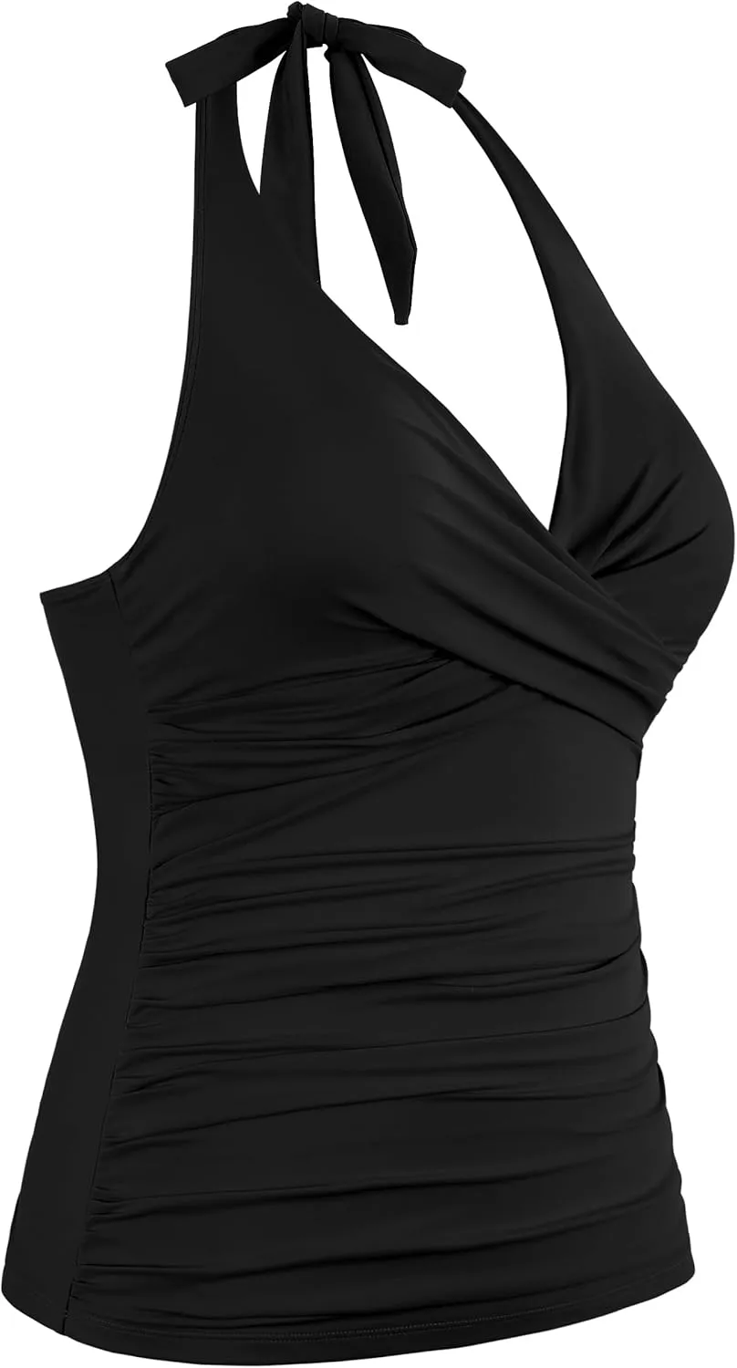 Firpearl Underwire Tankini Tops for Women Ruched Tummy Control Bathing Suit Tops Halter V Neck Swimsuit Top Only