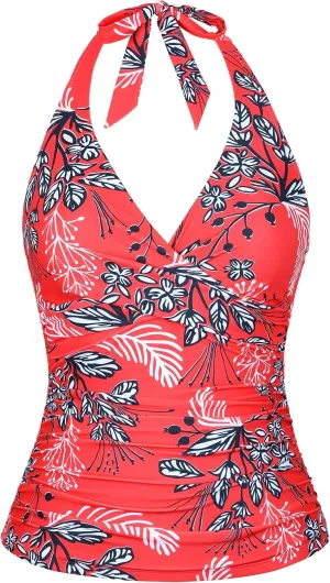 Firpearl Underwire Tankini Tops for Women Ruched Tummy Control Bathing Suit Tops Halter V Neck Swimsuit Top Only