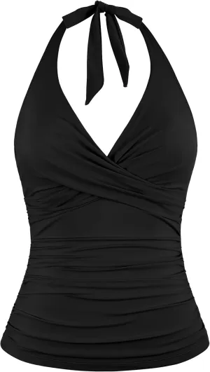 Firpearl Underwire Tankini Tops for Women Ruched Tummy Control Bathing Suit Tops Halter V Neck Swimsuit Top Only