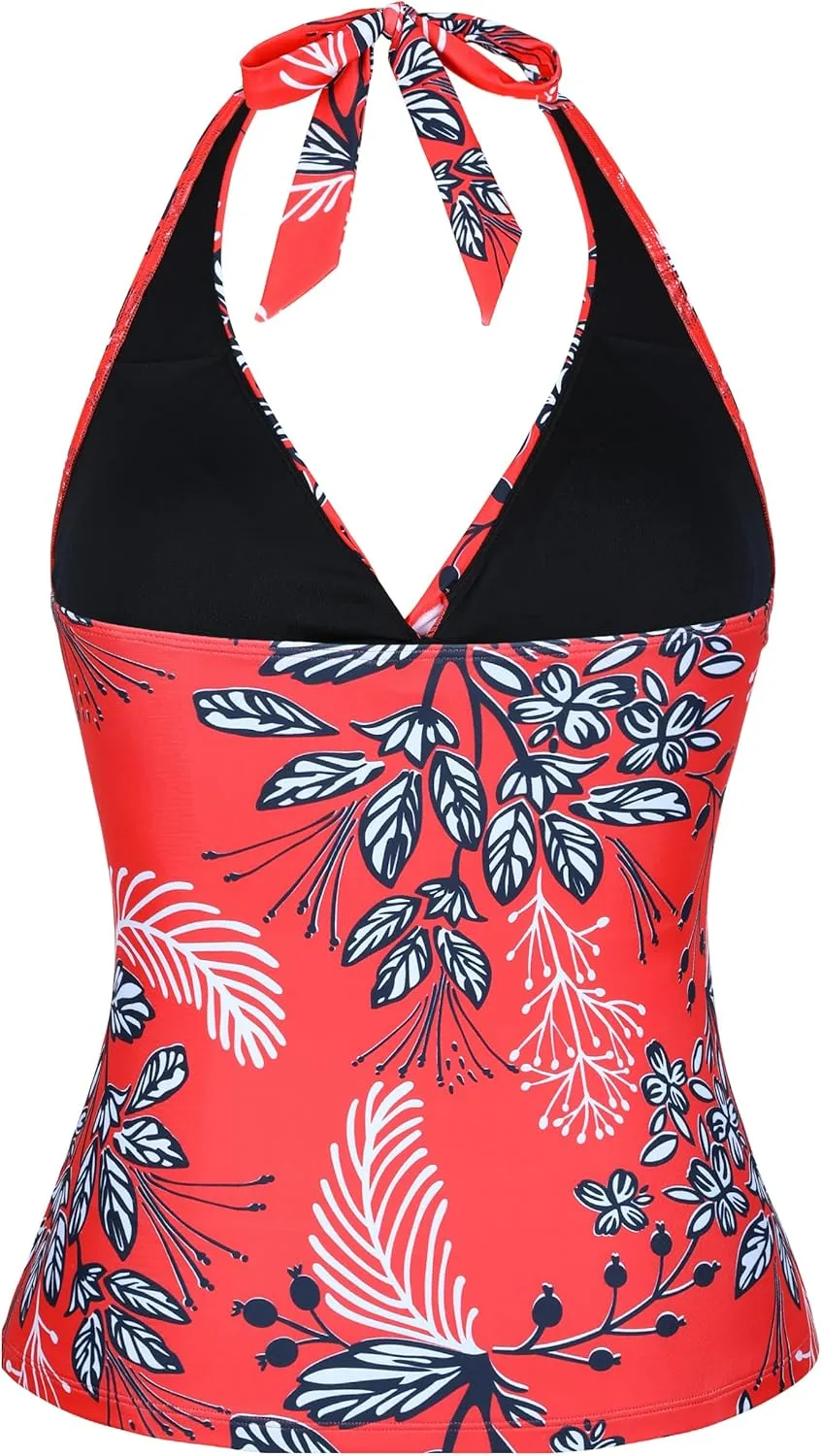 Firpearl Underwire Tankini Tops for Women Ruched Tummy Control Bathing Suit Tops Halter V Neck Swimsuit Top Only