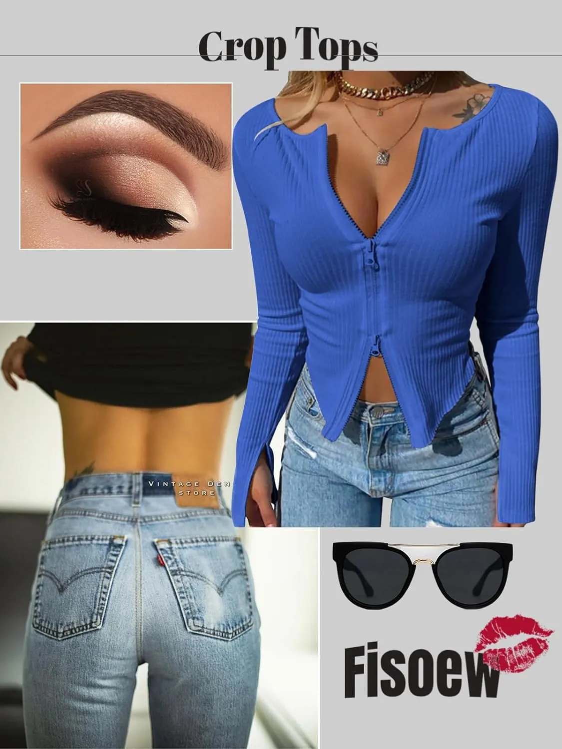 Fisoew Womens Long Sleeve Tops Ribbed Crop Top Double Zip Up Cardigans V Neck Sweater Shirts Fall and Winter 2024