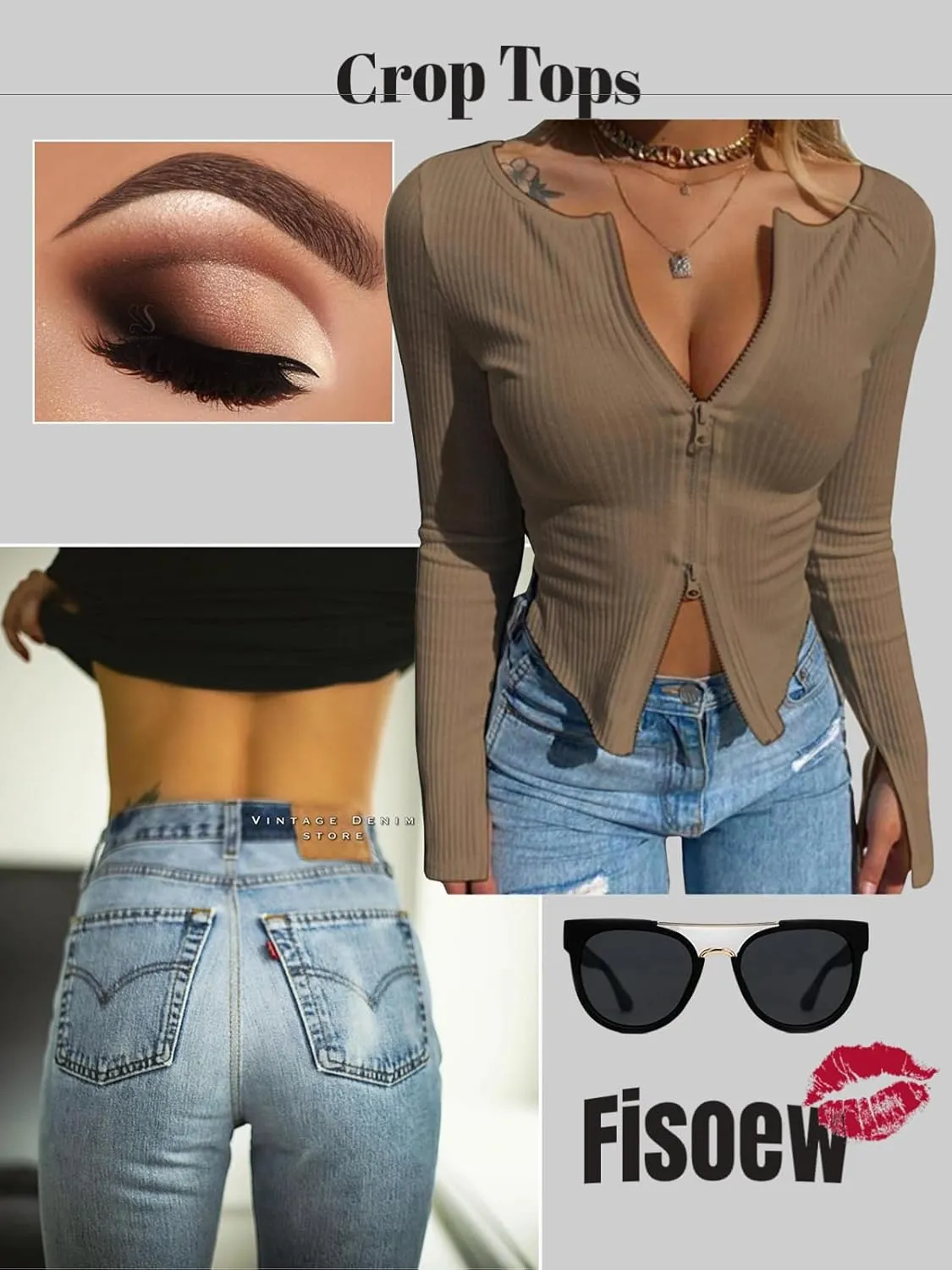 Fisoew Womens Long Sleeve Tops Ribbed Crop Top Double Zip Up Cardigans V Neck Sweater Shirts Fall and Winter 2024
