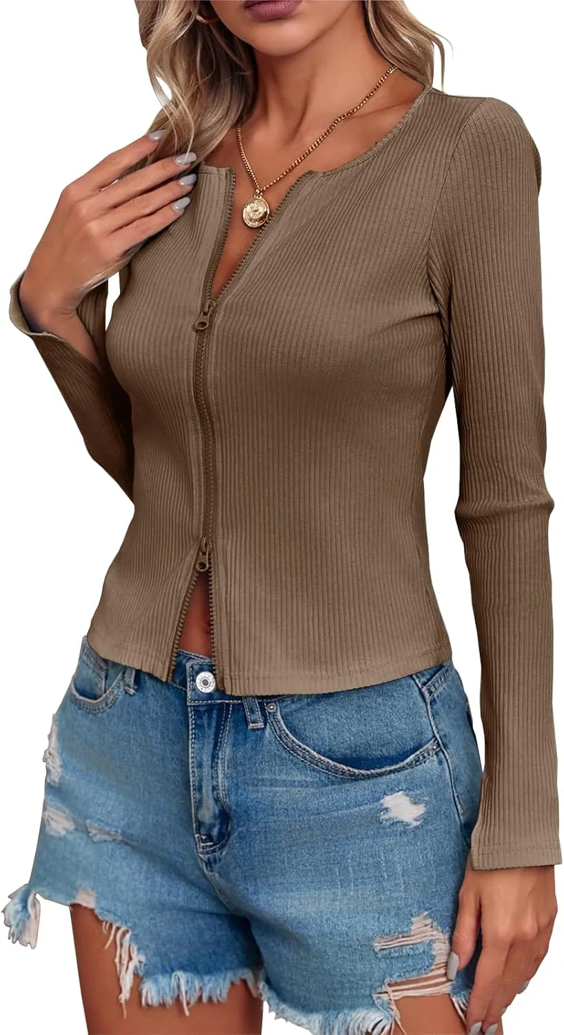 Fisoew Womens Long Sleeve Tops Ribbed Crop Top Double Zip Up Cardigans V Neck Sweater Shirts Fall and Winter 2024