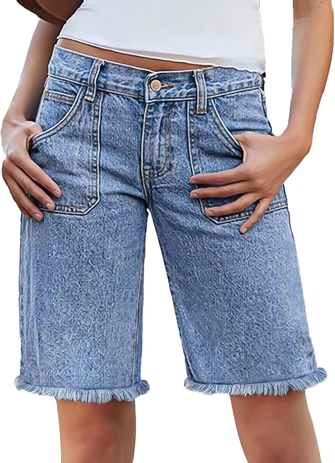 Flamingals Women's Mid Rise Straight Leg Denim Bermuda Shorts Raw Hem Trendy with Flap Pockets