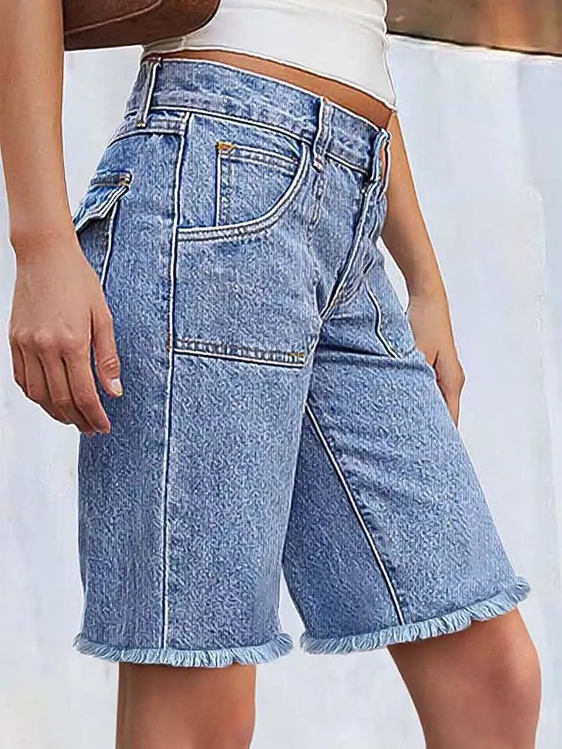 Flamingals Women's Mid Rise Straight Leg Denim Bermuda Shorts Raw Hem Trendy with Flap Pockets
