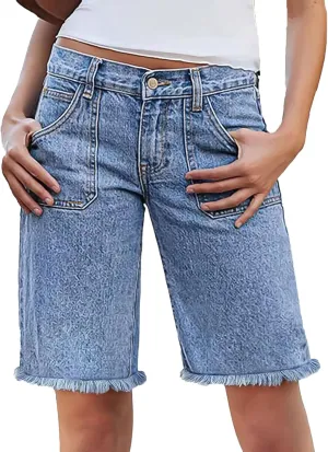 Flamingals Women's Mid Rise Straight Leg Denim Bermuda Shorts Raw Hem Trendy with Flap Pockets