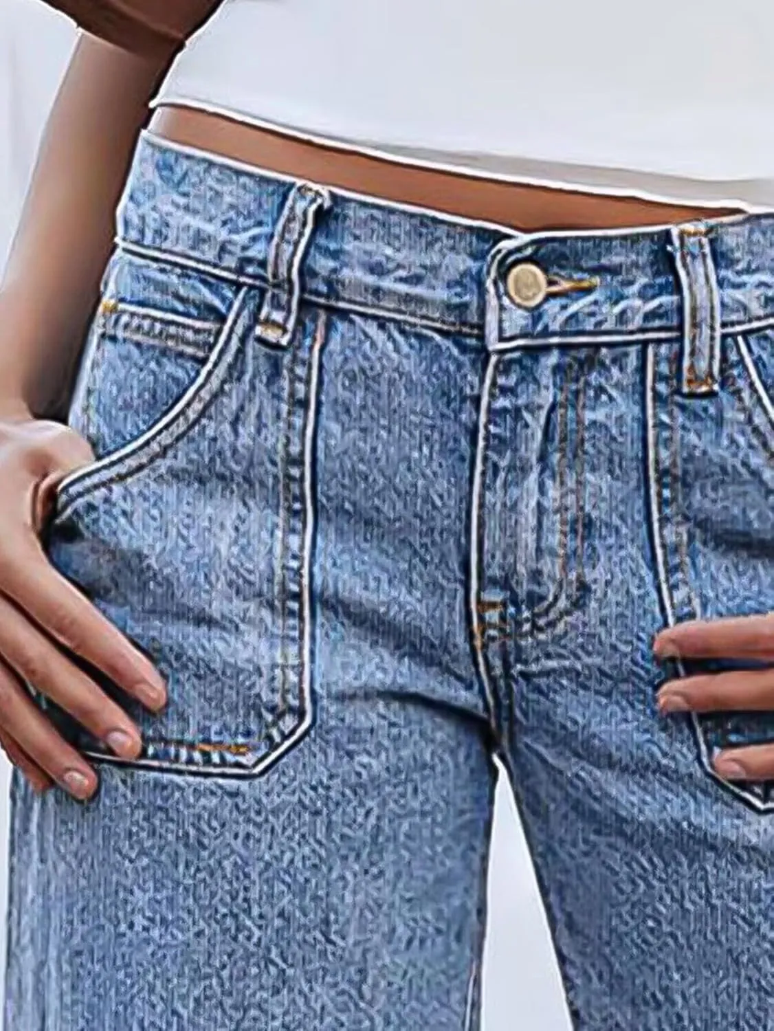 Flamingals Women's Mid Rise Straight Leg Denim Bermuda Shorts Raw Hem Trendy with Flap Pockets