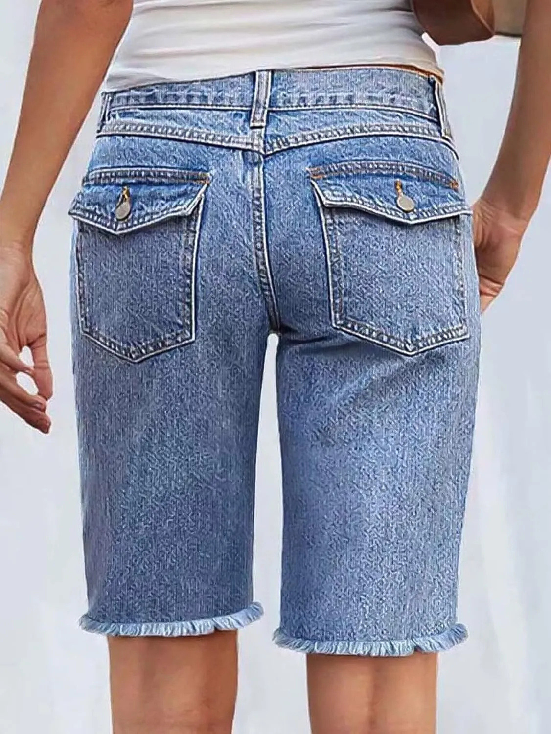Flamingals Women's Mid Rise Straight Leg Denim Bermuda Shorts Raw Hem Trendy with Flap Pockets