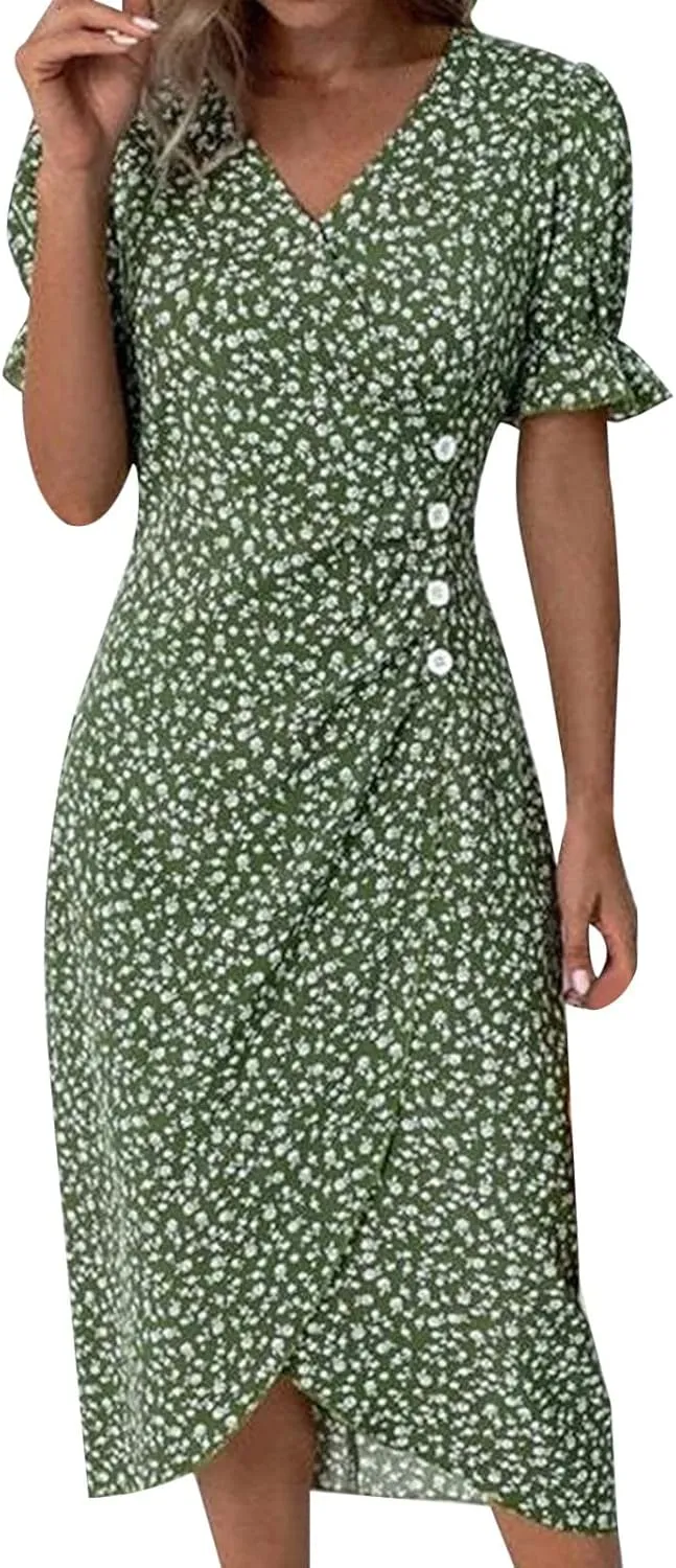Floral Dresses For Women 2025 Vacation Bubble Sleeve Dress Slit V-neck Button Down Flowy Sundress Trendy Maxi Dress