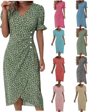 Floral Dresses For Women 2025 Vacation Bubble Sleeve Dress Slit V-neck Button Down Flowy Sundress Trendy Maxi Dress