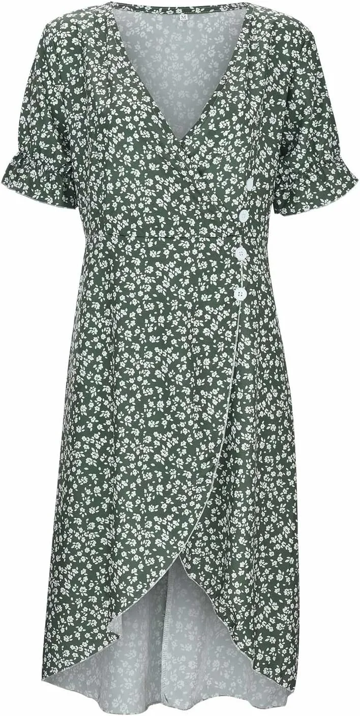 Floral Dresses For Women 2025 Vacation Bubble Sleeve Dress Slit V-neck Button Down Flowy Sundress Trendy Maxi Dress