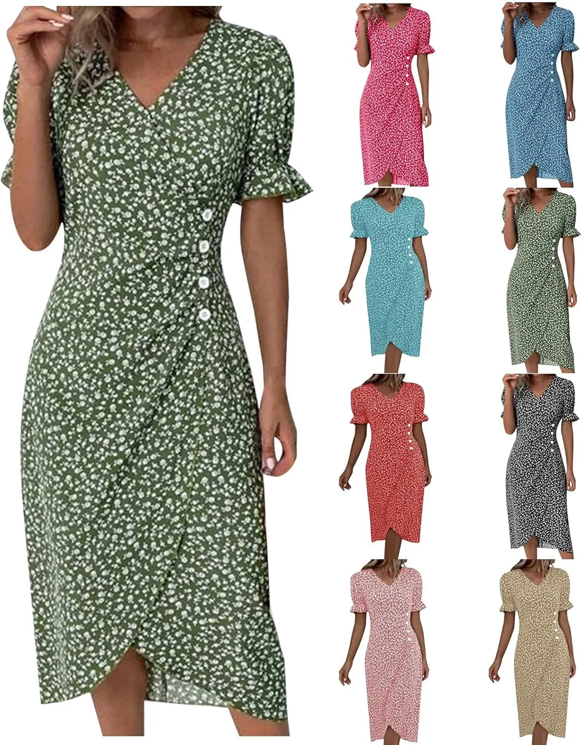 Floral Dresses For Women 2025 Vacation Bubble Sleeve Dress Slit V-neck Button Down Flowy Sundress Trendy Maxi Dress