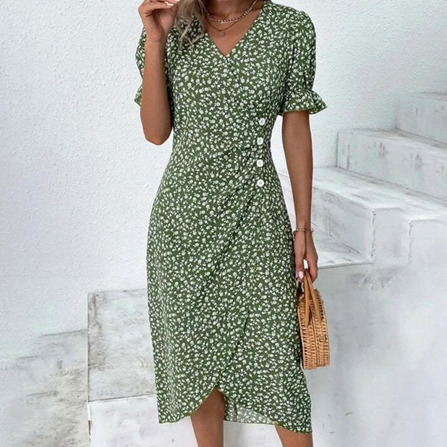 Floral Dresses For Women 2025 Vacation Bubble Sleeve Dress Slit V-neck Button Down Flowy Sundress Trendy Maxi Dress