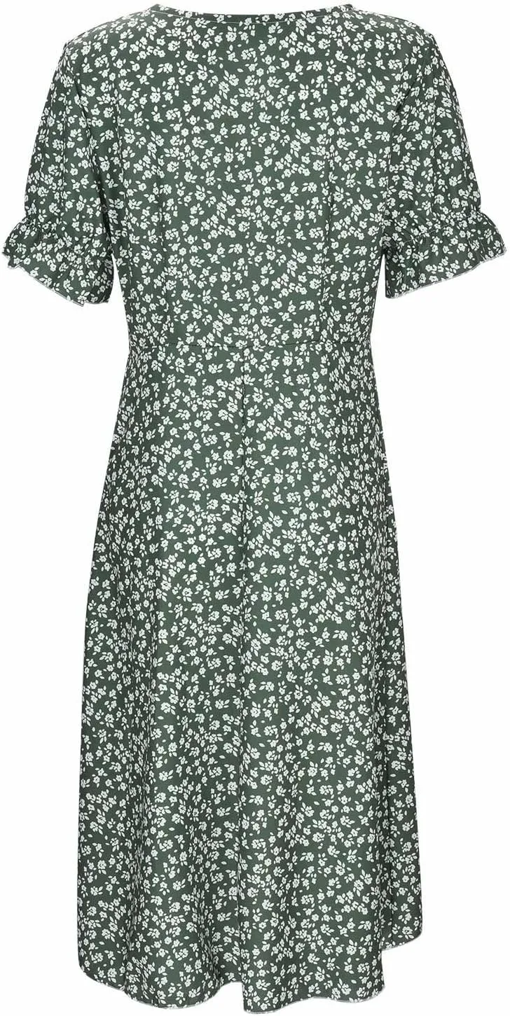 Floral Dresses For Women 2025 Vacation Bubble Sleeve Dress Slit V-neck Button Down Flowy Sundress Trendy Maxi Dress