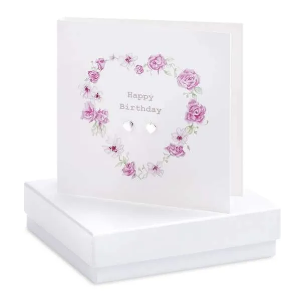 Floral Heart Happy Birthday Silver Earrings On Designer Card by Crumble and Core