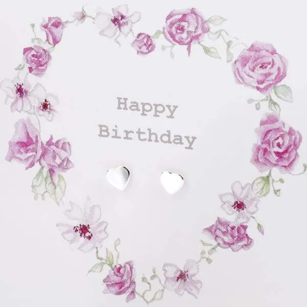 Floral Heart Happy Birthday Silver Earrings On Designer Card by Crumble and Core