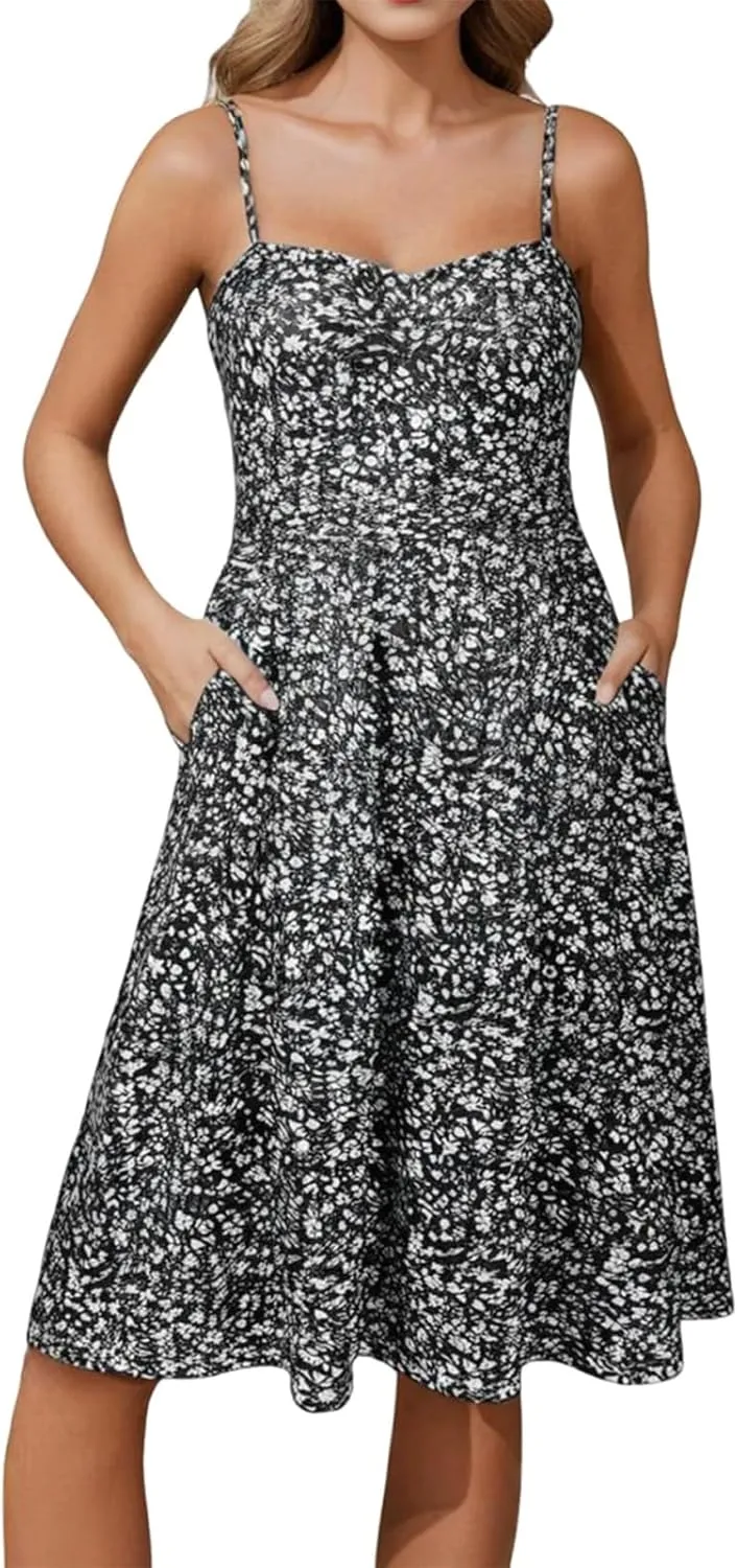 Floral Summer Dress for Women Vintage Casual Spaghetti Strap Knee Length Dress Beach Vacation Flowy Boho Sundress