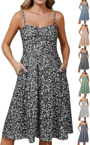 Floral Summer Dress for Women Vintage Casual Spaghetti Strap Knee Length Dress Beach Vacation Flowy Boho Sundress