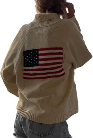 Fourth of July American Flag Knit Sweater Cardigan for Women Y2k USA Patriotic Vintage Knitwear Cardigans.