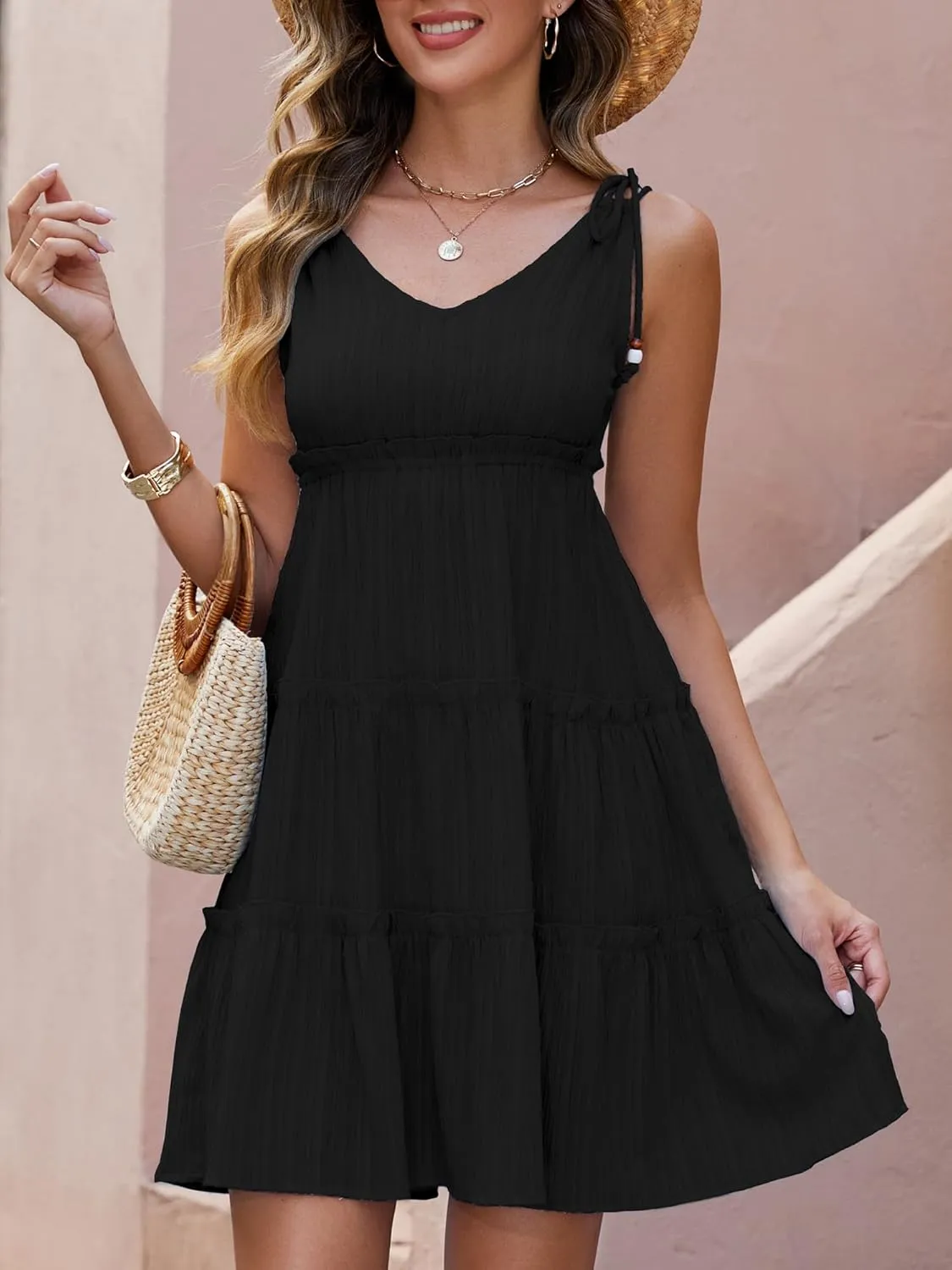 Gardenwed Women's Summer Tiered Sundress, V-Neck Sleeveless Ruffle Casual A-Line Beach Mini Dress with Shoulder Ties