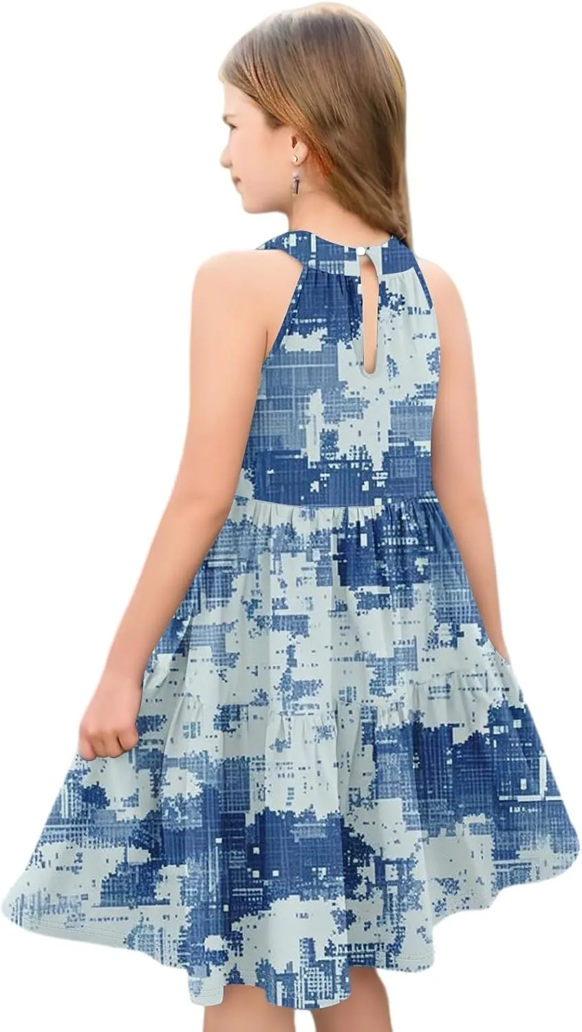 Girls Dresses Halter Neck Vintage Floral Sleeveless Girl Dress Casual Swing Smocked A Line Sundress Summer Dresses